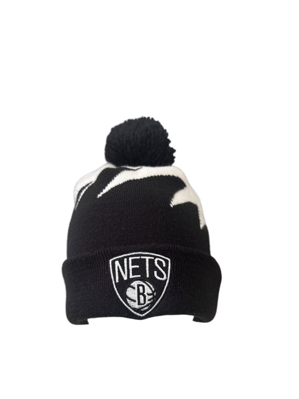 Brooklyn Nets Mitchell & Ness Black & White Pom Beanie Cap Hat Basketball NBA